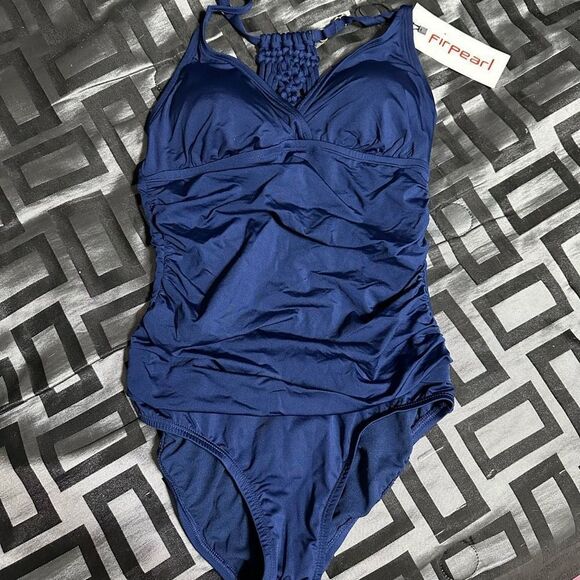 Firpearl navy blue women’s one piece  zigzag back rushing midsection